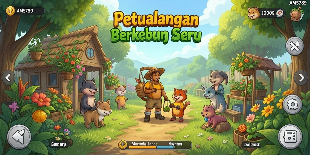Screenshot gameplay <strong>AMS789</strong> menampilkan kebun yang hidup dan penuh warna.