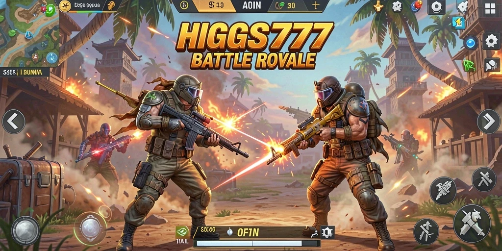 Screenshot HIGGS777 menampilkan pertempuran mendebarkan di arena Battle Royale.