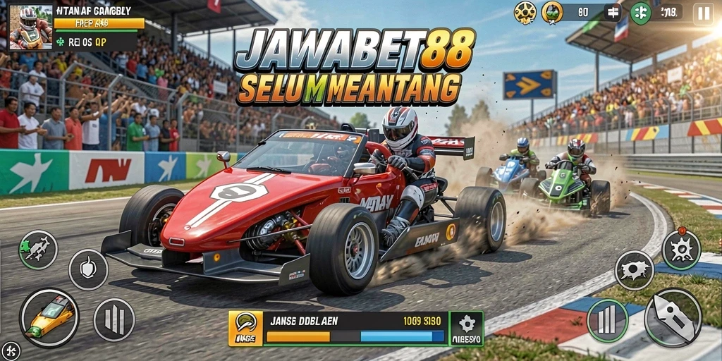 Tangkapan layar gameplay balap seru JAWABET88 dengan mobil melaju kencang.