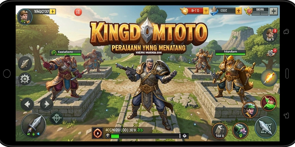 Screenshot KINGDOMTOTO menampilkan aksi pertahanan menegangkan di medan perang.