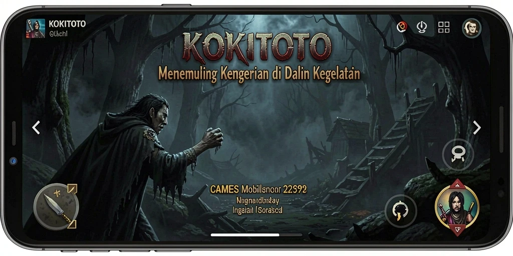 Screenshot gameplay KOKITOTO menampilkan suasana horor yang mendalam.