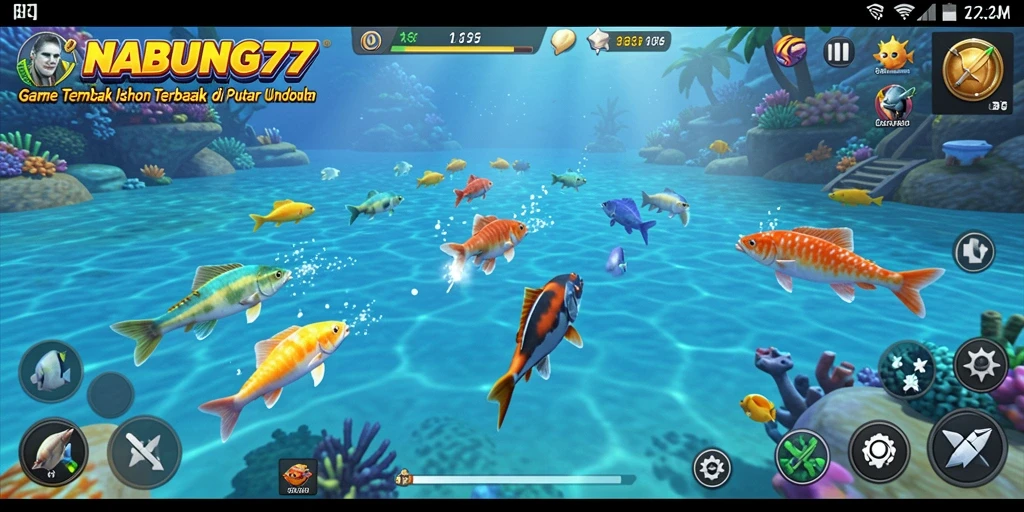 Screenshot NABUNG77 menunjukkan aksi seru menangkap ikan di dalam permainan.