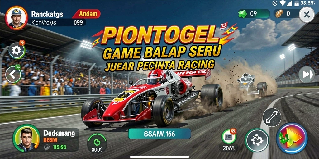 Screenshot utama <strong>PIONTOGEL</strong> menampilkan momen balapan yang intens.