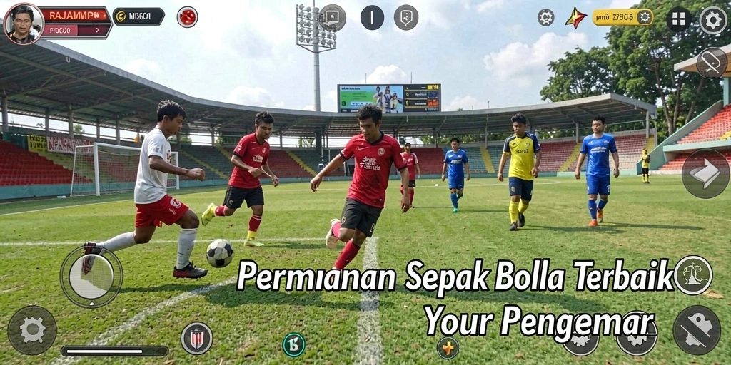Tampilan seru dari gameplay RAJAMPO dalam aksi pertandingan sepak bola.