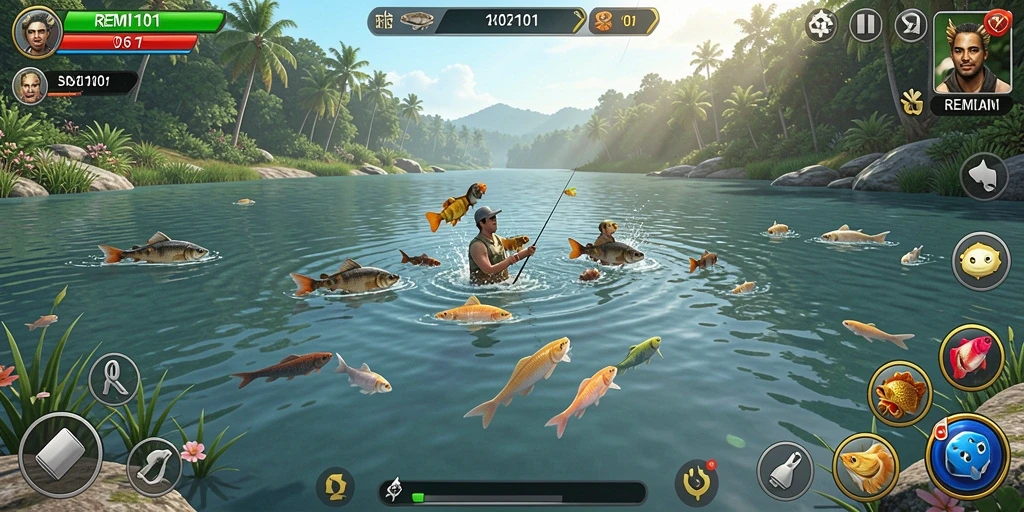 Tampilan gameplay seru di REMI101 dengan pengalaman memancing yang mendebarkan.