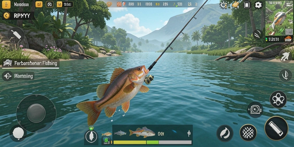 Tangkapan layar utama game RPYYY menampilkan pengalaman nyata memancing dan keindahan alam.