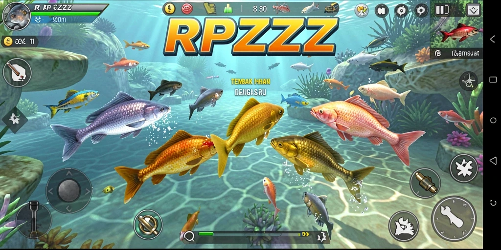 Screenshot gameplay RPZZZ menampilkan aksi Tembak Ikan yang seru.