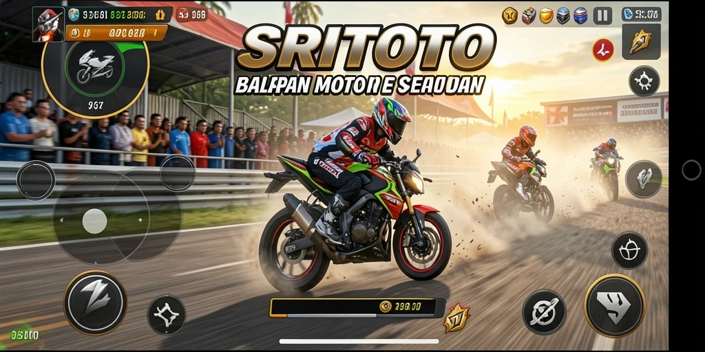 Screenshot gameplay SRITOTO menampilkan aksi balapan motor yang seru.